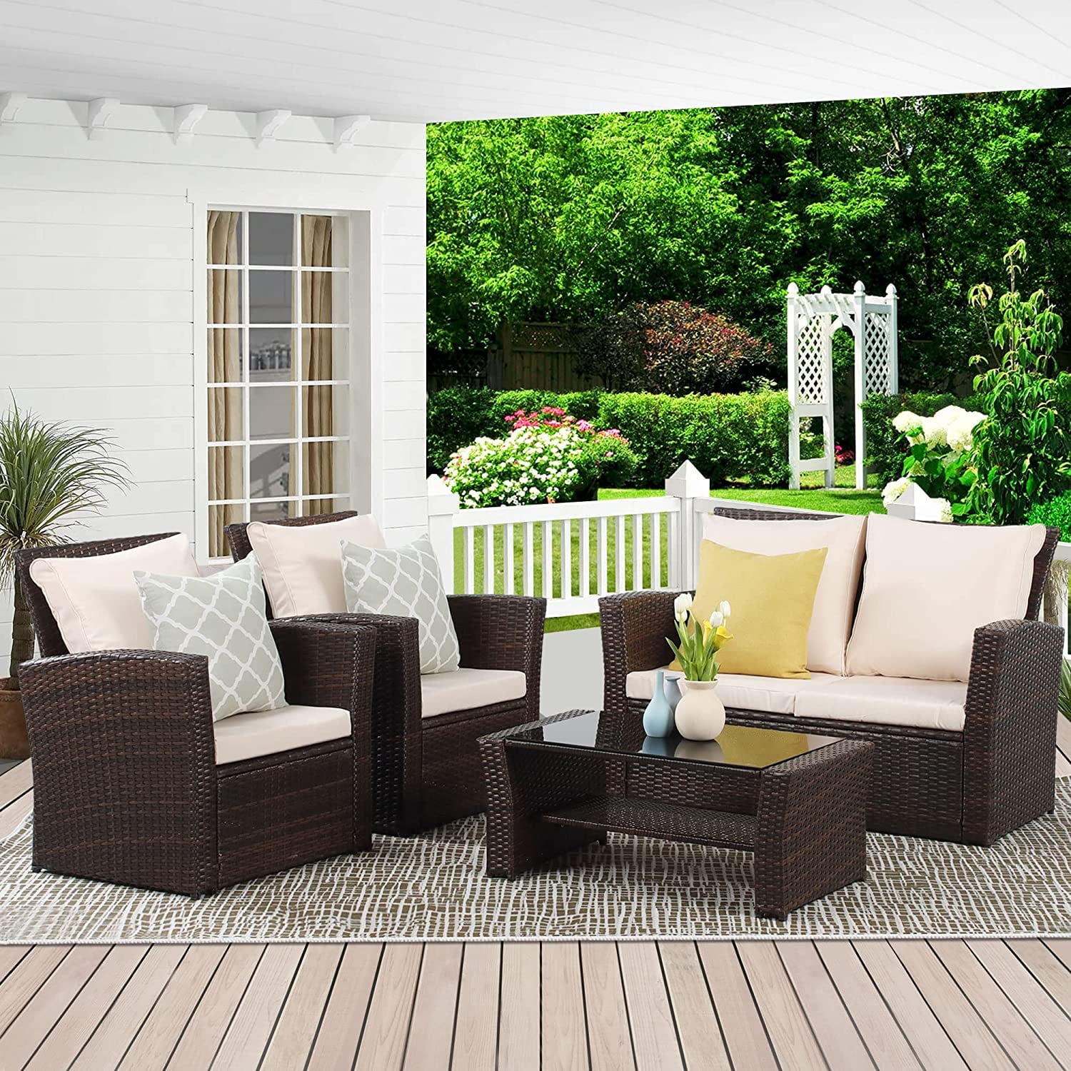 RoyalCraft 4 Piece Outdoor Patio Furniture Sets, Wicker Conversation Set for Porch Deck, Brown Rattan Sofa Chair with Cushion